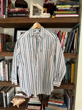 Esprit Striped Button-Down Shirt — White with Blue & Red Stripes